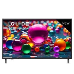 Vue avant d’une TV UHD UA74, logo LG UHD Al dans le coin supérieur. La LG UHD TV représente des textures colorées semblables à de la peinture, réunies.2