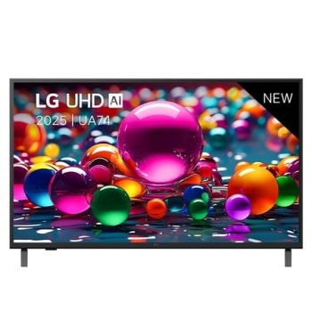 Vue avant d’une TV UHD UA74, logo LG UHD Al dans le coin supérieur. La LG UHD TV représente des textures colorées semblables à de la peinture, réunies.1