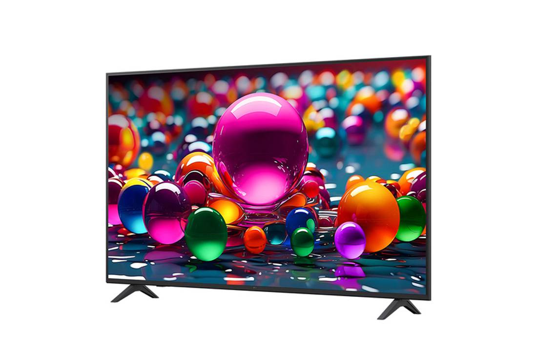 LG Smart TV LG UHD AI UA74 4K 2025 65 pouces, Vue avant et latérale de la Smart TV LG UHD AI UA74 4K montrant ses dimensions de longueur, largeur, hauteur et profondeur., 65UA74006LB, thumbnail 5