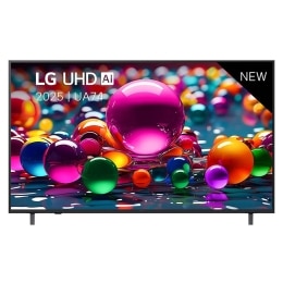 Vue avant d’une TV UHD UA74, logo LG UHD Al dans le coin supérieur. La LG UHD TV représente des textures colorées semblables à de la peinture, réunies.2