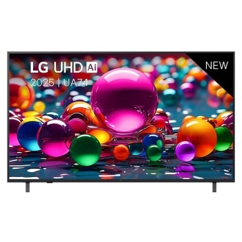 Vue avant d’une TV UHD UA74, logo LG UHD Al dans le coin supérieur. La LG UHD TV représente des textures colorées semblables à de la peinture, réunies.1
