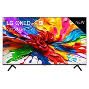 LG Smart TV LG QNED evo AI QNED92 MiniLED 4K 2025 55 pouces, Vue avant de la TV LG QNED evo QNED92, logo LG QNED evo Al, dans le coin supérieur. La TV LG QNED evo QNED92 représente des textures colorées semblables à de la peinture, réunies., 55QNED92A6A, thumbnail 1