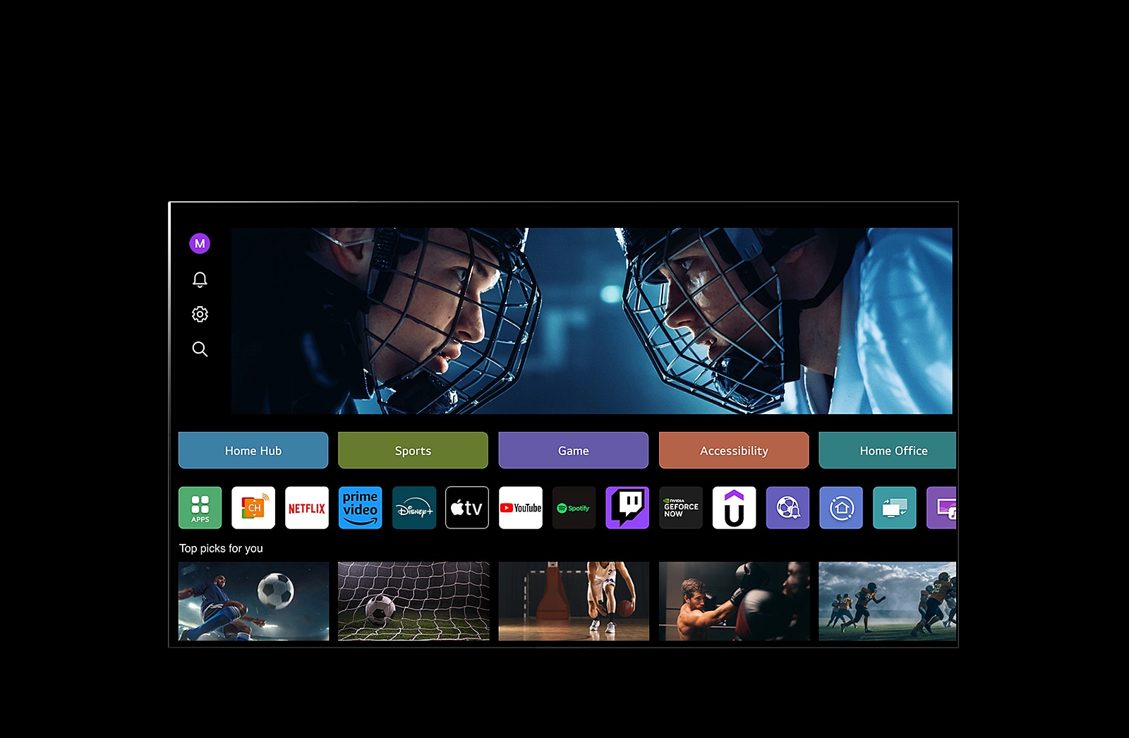 Un écran de télévision LG affiche l'écran Mon profil. Dans le tiers supérieur, une bannière pour Tangible Wonders. Sous la bannière, les boutons suivants sont affichés : Home Hub, Sports, Jeux, Accessibilité, Bureau à domicile. Sous les boutons, les logos suivants sont affichés : LG Channels, Netflix, Prime Video, Disney+, Apple TV, YouTube, Spotify, Twitch, GeForce Now et Udemy. Sous les logos, 5 miniatures de films sont affichées sous le texte « Top picks for you » (Meilleures sélections pour vous). Un curseur clique sur le « S » initial dans le coin supérieur gauche. Un menu déroulant LG Account s'ouvre et cinq noms s'affichent. Le curseur clique sur le deuxième nom et les vignettes et le contenu recommandé à l'écran changent.