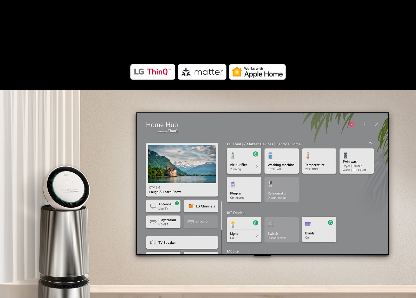 "A logo of LG ThinQ™, matter, and Apple Home.  An LG TV mounted on a wall and an LG PuriCare™ Objet Collection 360° on the left. The TV displays Home Hub and a cursor clicks ""Air purifier"" and the LG PuriCare™ Objet Collection 360° is activated. "