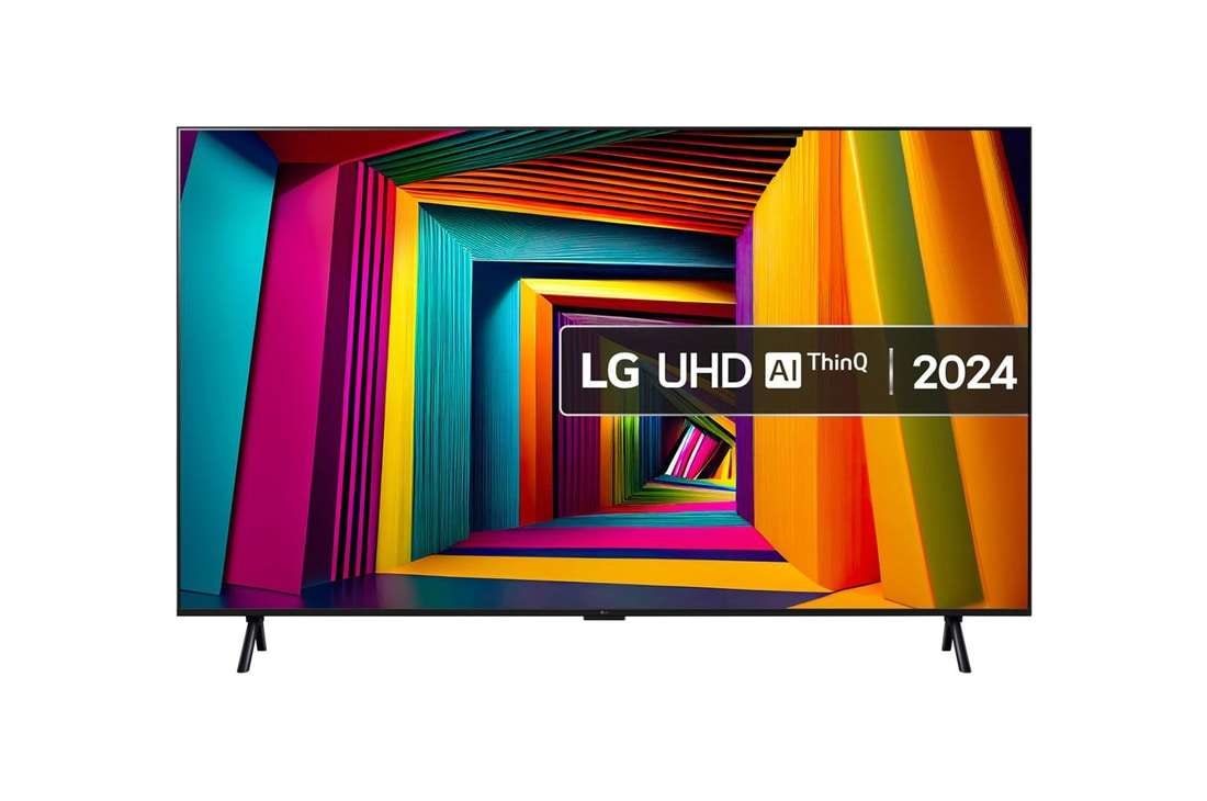 LG Smart TV LG UHD UT91 4K 98 pouces 2024, Vue de face du téléviseur LG UHD, UT90 avec le texte LG UHD AI ThinQ, 2024, et le logo webOS Re:New Program à l’écran., 98UT91006LA