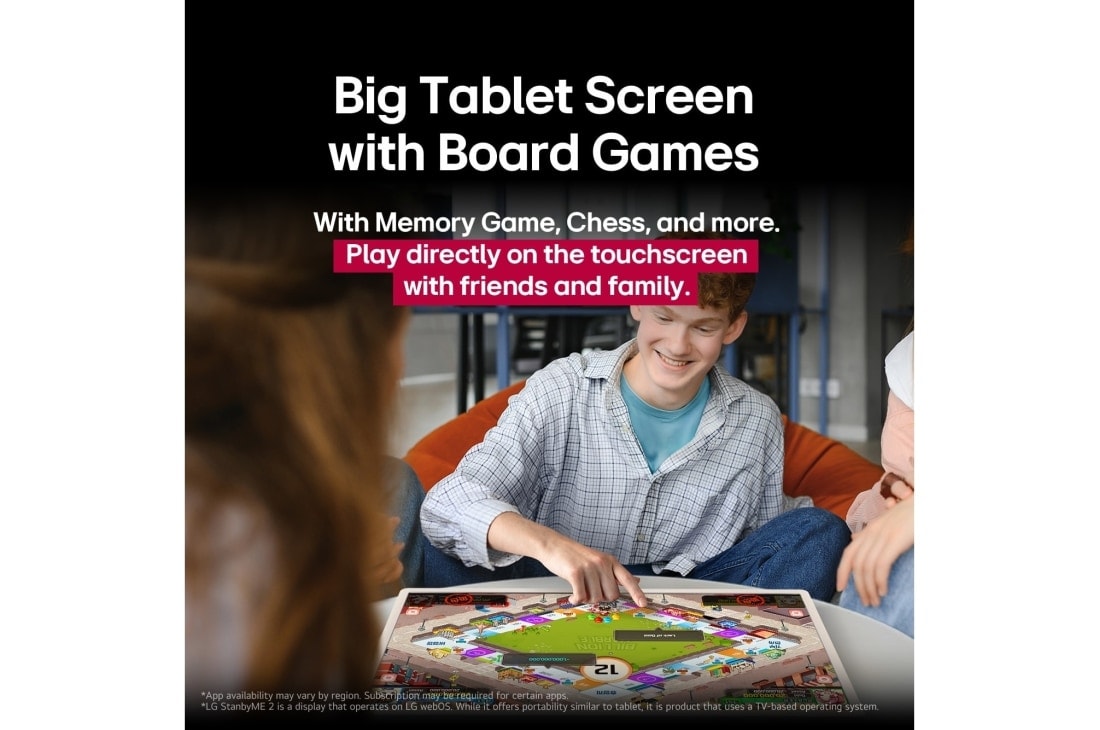 LG Écran tactile portable LG StanbyME 2 Super de 27 pouces, A group of friends playing a board game on the LG StanbyME 2 on the table. The Big Tablet Screen is featured. Text talks about playing directly on the touchscreen., 27LX6TDGA, thumbnail 5