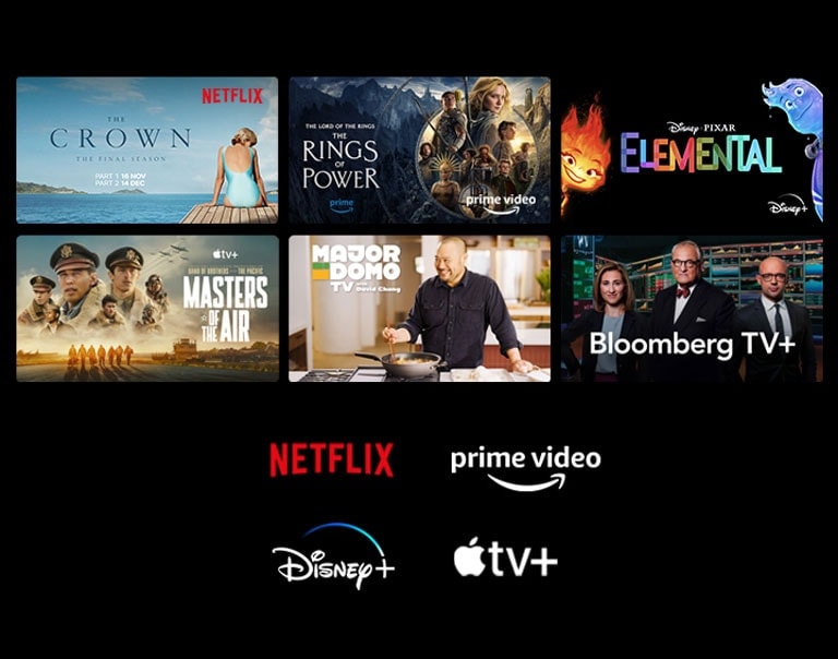 Six vignettes de films et de séries sont affichées et les logos de LG Channels, Netflix, Prime Video, Disney+ et Apple TV+ apparaissent en dessous.