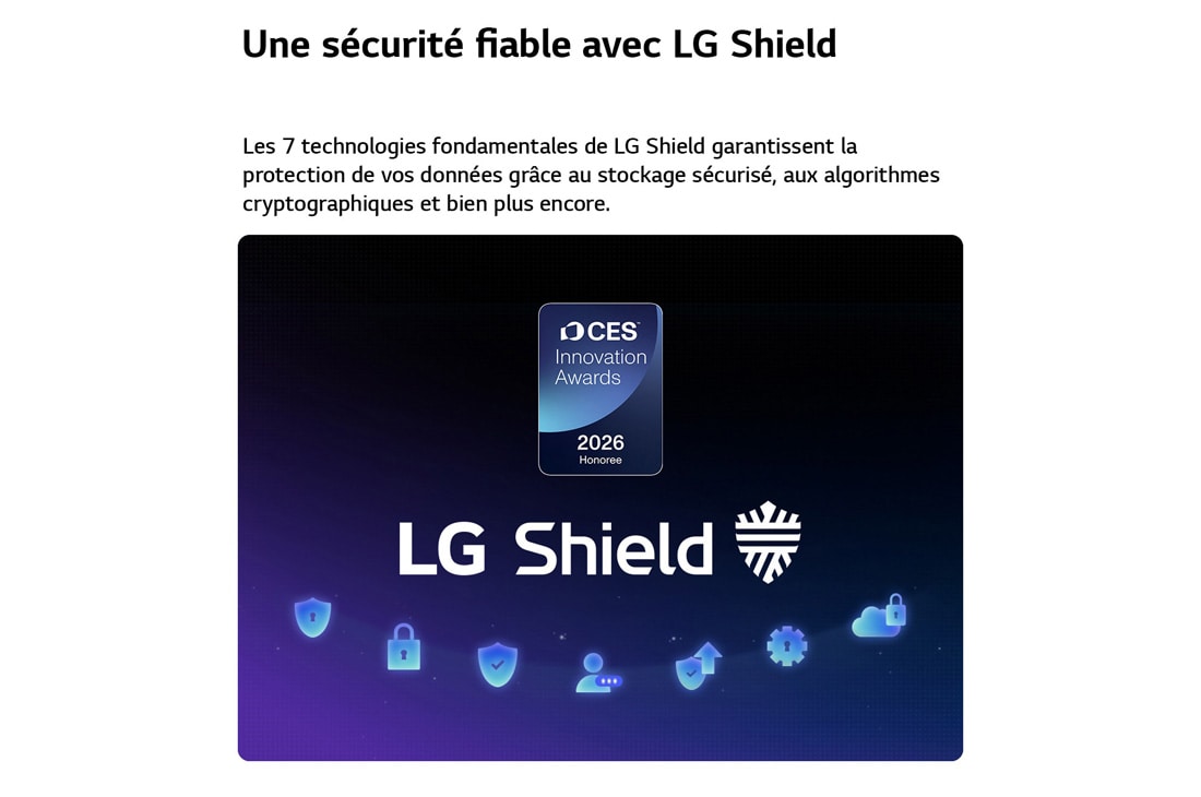 LG Smart TV LG QNED evo AI QNED86 Mini LED 4K 2026 55 pouces, LG Shield, appliqué à LG QNED evo AI QNED85 Mini LED, est présenté avec un logo LG Shield au centre, des icônes de sécurité ci-dessous et un badge du lauréat des CES Innovation Awards 2026 ci-dessus, , 55QNED86B6B, thumbnail 12