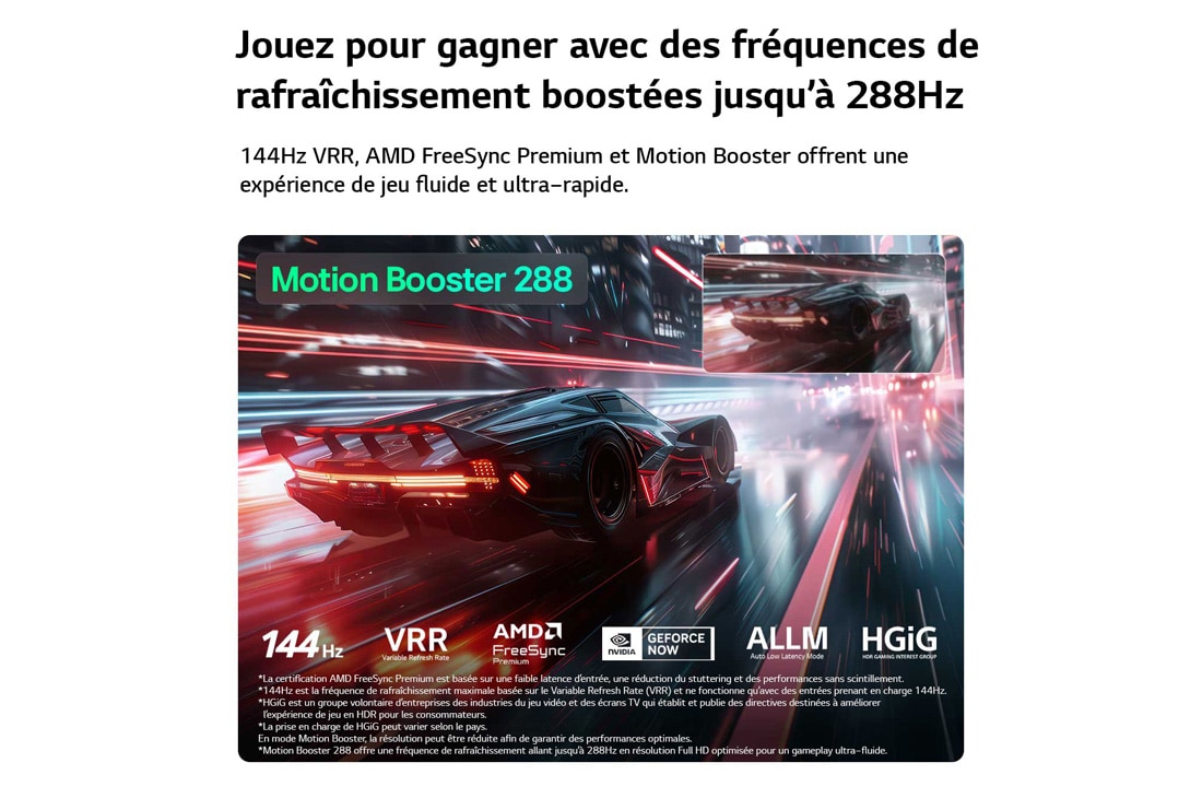 LG Smart TV LG QNED evo AI QNED86 Mini LED 4K 2026 55 pouces, La Mini LED LG QNED evo AI QNED85 pour un gameplay ultime montre une scène de course dynamique et à grande vitesse avec une incrustation de comparaison floue mettant en valeur Motion Booster 288, tout, 55QNED86B6B, thumbnail 16