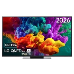 La vue avant de la Mini LED LG QNED evo AI QNED85, sortie en 2026, remplit l’écran de jaillissements éclatants et fluides de mouvements multicolores semblables à de la peinture, tandis que des nuages 