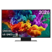 LG Smart TV LG QNED evo AI QNED86 Mini LED 4K 2026 50 pouces, La vue avant de la Mini LED LG QNED evo AI QNED85, sortie en 2026, remplit l’écran de jaillissements éclatants et fluides de mouvements multicolores semblables à de la peinture, tandis que des nuages , 50QNED86B6B, thumbnail 1