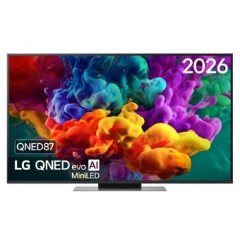 La vue avant de la Mini LED LG QNED evo AI QNED87, sortie en 2026, remplit l’écran de jaillissements éclatants et fluides de mouvements multicolores semblables à de la peinture, tandis que des nuages 1