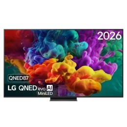 La vue avant de la Mini LED LG QNED evo AI QNED87, sortie en 2026, remplit l’écran de jaillissements éclatants et fluides de mouvements multicolores semblables à de la peinture, tandis que des nuages 