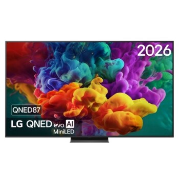 La vue avant de la Mini LED LG QNED evo AI QNED87, sortie en 2026, remplit l’écran de jaillissements éclatants et fluides de mouvements multicolores semblables à de la peinture, tandis que des nuages 