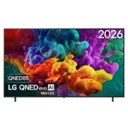 LG Smart TV LG QNED evo AI QNED85 Mini LED 4K 2026 86 pouces, La vue avant de la Mini LED LG QNED evo AI QNED87, sortie en 2026, remplit l’écran de jaillissements éclatants et fluides de mouvements multicolores semblables à de la peinture, tandis que des nuages , 86QNED85B6B, thumbnail 1