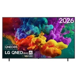 La vue avant de la Mini LED LG QNED evo AI QNED85, sortie en 2026, remplit l’écran de jaillissements éclatants et fluides de mouvements multicolores semblables à de la peinture, tandis que des nuages 