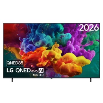 La vue avant de la Mini LED LG QNED evo AI QNED85, sortie en 2026, remplit l’écran de jaillissements éclatants et fluides de mouvements multicolores semblables à de la peinture, tandis que des nuages 