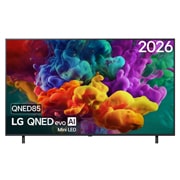 LG Smart TV LG QNED evo AI QNED85 Mini LED 4K 2026 65 pouces, La vue avant de la Mini LED LG QNED evo AI QNED87, sortie en 2026, remplit l’écran de jaillissements éclatants et fluides de mouvements multicolores semblables à de la peinture, tandis que des nuages , 65QNED85B6B, thumbnail 1