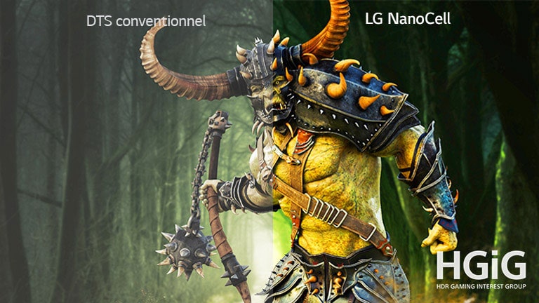 Une scène d'un jeu avec monstre montré sur un téléviseur conventionnel et l'autre moitié sur un téléviseur LG NanoCell avec HDR