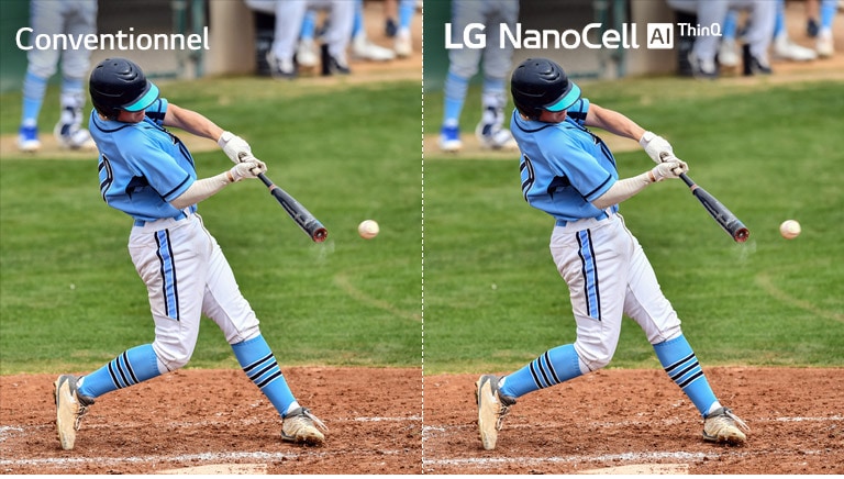 Une scène d'un match de football, la moitié sur un téléviseur LCD / LED conventionnel avec une image floue et l'autre moitié un téléviseur LG NanoCell avec une image claire.