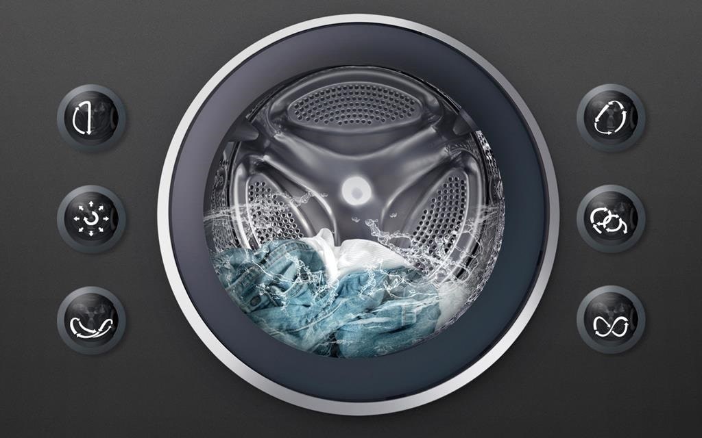 Un lave-linge LG avec TurboWash utilisant la technologie 6 Motion Direct Drive.