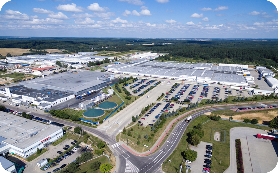 Exterior view of LG's advanced OLED TV production factory in Mława, Poland.