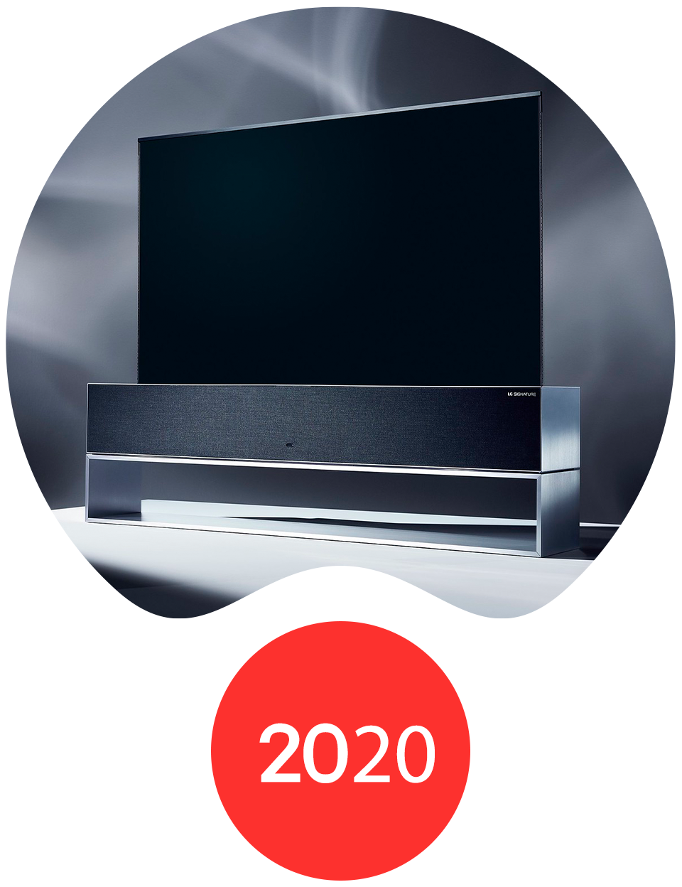 LG’s OLED R rollable TV, launched in 2020, rolls into a base for minimalist design.