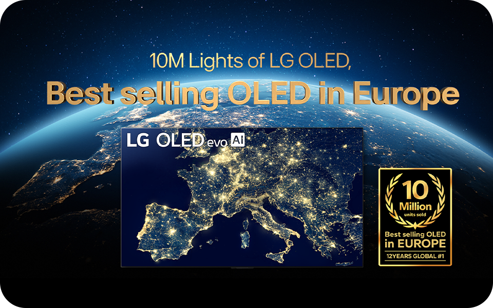 Celebratory image marking LG’s 10 million OLED TVs sold in Europe, with satellite view of Europe.