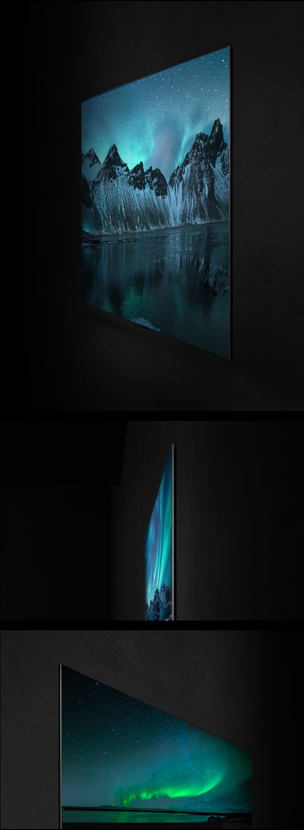 A wall-mounted LG OLED television is shown from various angles emphasizing the Gallery Design and flat back