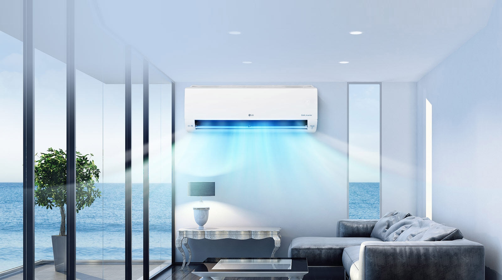 Климатикът е в центъра на изображението и от него духа син ветрец над всекидневната пред него.