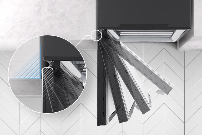 Фризерът е показан отгоре с четири позиции на отваряща се врата, а увеличеното изображение на пантата показва, че механизмът на пантите се изравнява със стената и изобщо да не се допира към нея при отваряне.