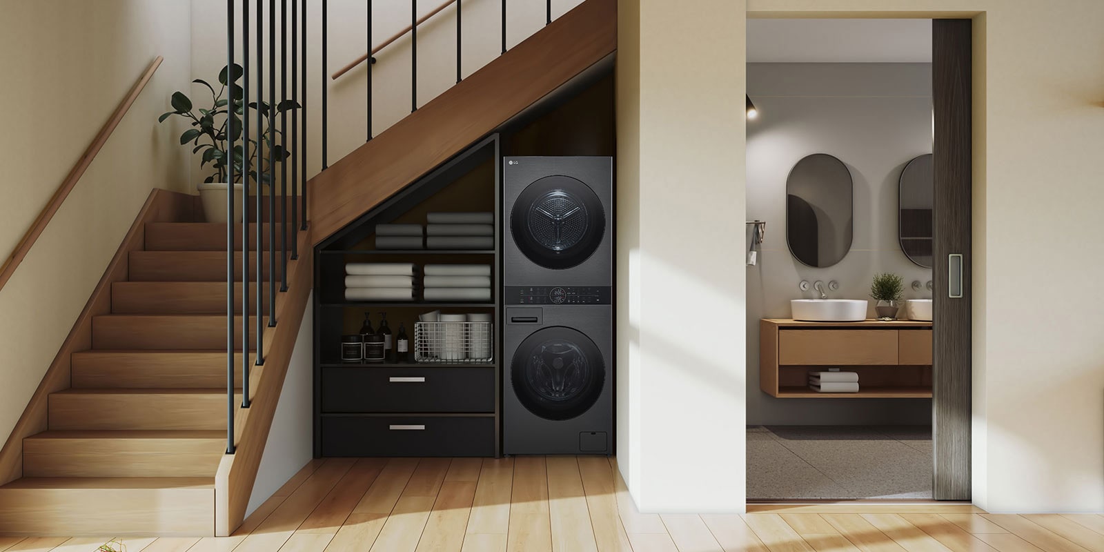 На снимката е показана WashTower, поставена под стълбите.