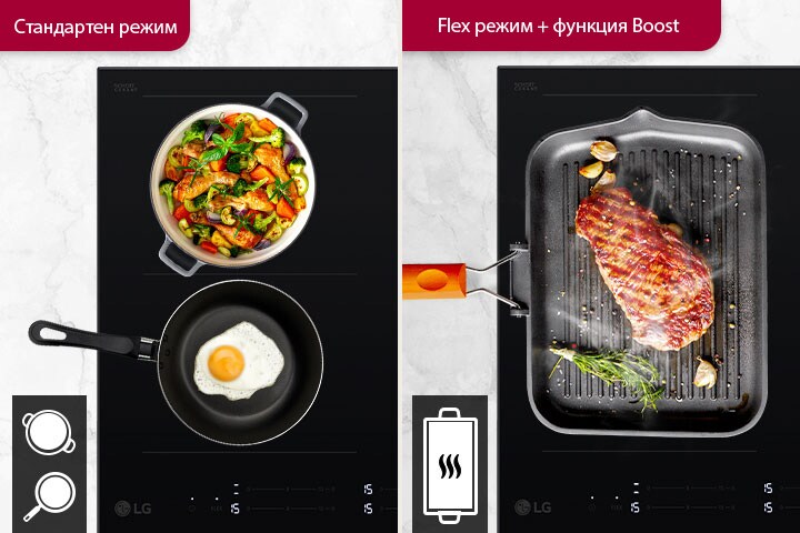 Индукционен плот LG, от ляво две готварски зони в стандартен режим, от дясно обединени готварски зони с Flex и Boost.