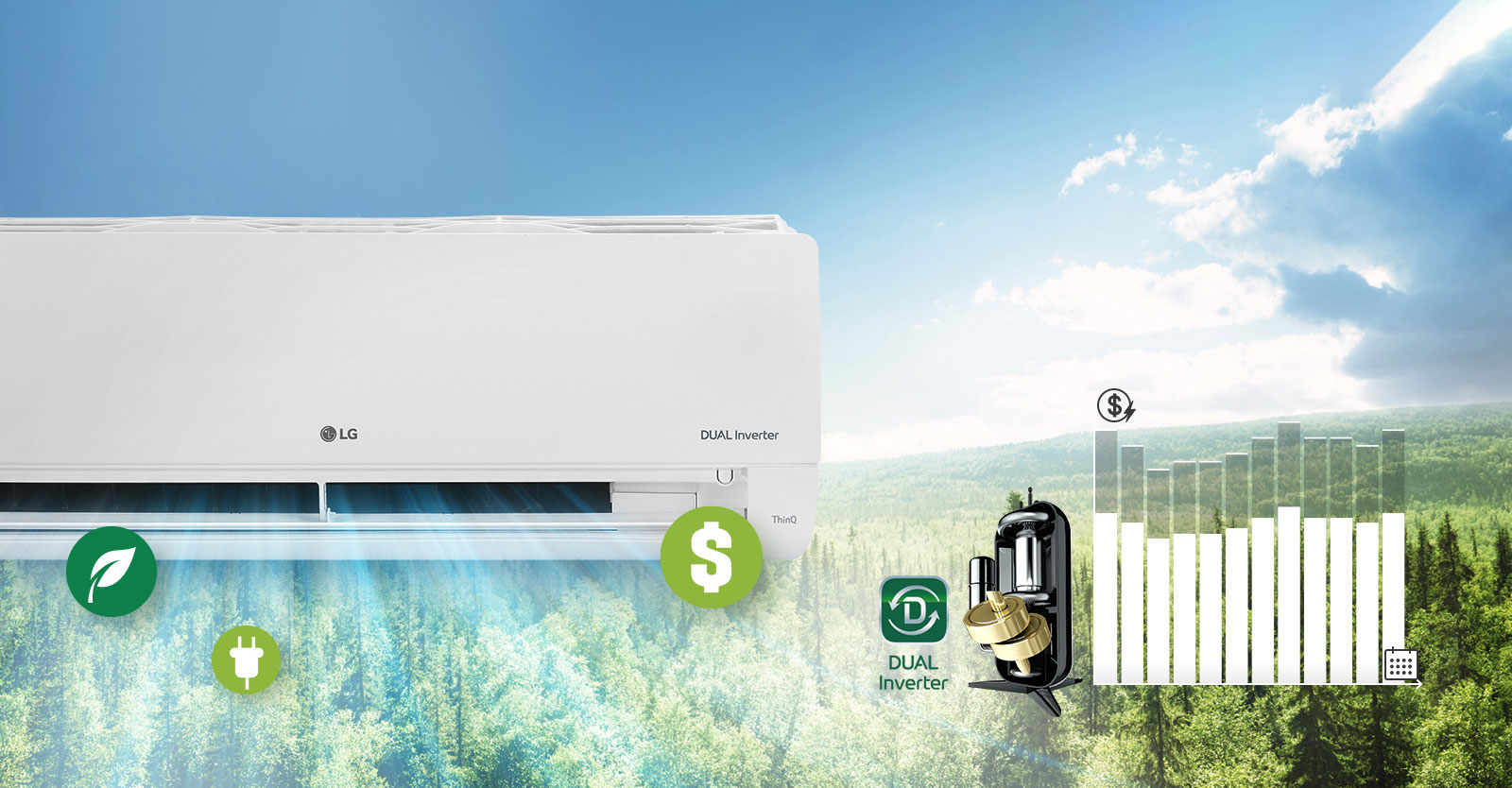 Климатик с въздушен поток над горския фон и графика за намаляване на потреблението на енергия.