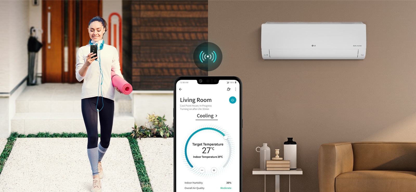 Три икони в горната част означават, че във въртележката има три изображения. Втората икона, с етикет „Remote control“ (Дистанционно управление), е червена. Жена, облечена в спортно облекло и докато влиза в къщата, управлява климатика с телефона си.