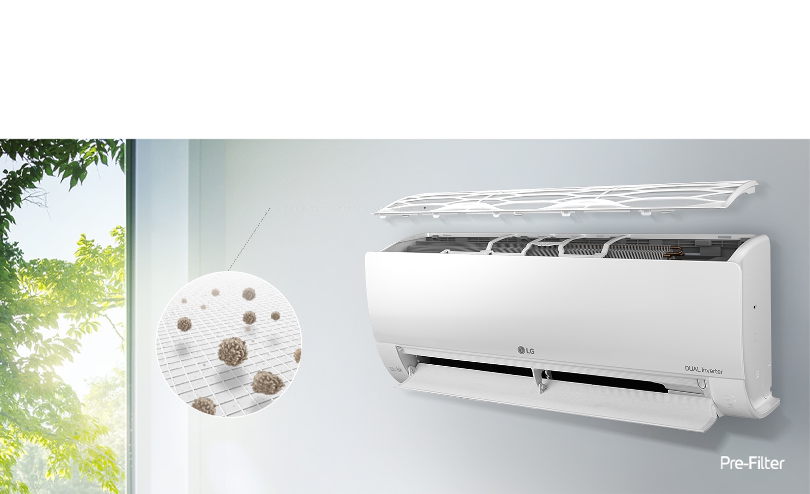 Климатикът LG е монтиран на стената и се вижда под страничен ъгъл. Горният панел е повдигнат нагоре, за да се видят вътрешните филтри. Линия тръгваща от предфилтъра води до увеличен образ в кръг, показващ праха, попаднал в предфилтъра. Логото Предфилтър е показано в долния десен ъгъл.