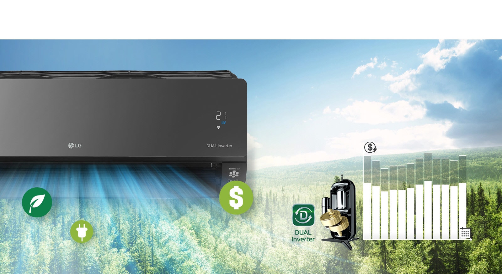 Горският пейзаж е на заден план, а отстрани се вижда половината климатик LG. Логото на LG и логото на DUAL Inverter могат да се видят на машината, като панелът за качество на въздуха свети в зелено. Пред климатика във въздуха, който издухва, има три икони, показващи чист въздух, пари и енергия. Вдясно от машината е логото на DUAL Inverter и изображението на DUAL Inverter. По-надясно има стълбовидна диаграма. Стълбовете се покачват нагоре, показвайки повече изразходвани пари и след това се спускат, за да покажат, че DUAL Inverter спестява пари на клиентите.
