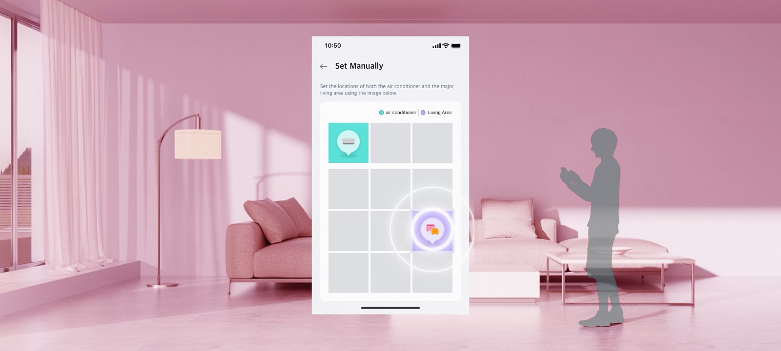 Климатикът LG с AI Air разпознава температурата в помещението и местоположението на човека, като регулира въздушния поток, за да поддържа зададената температура.