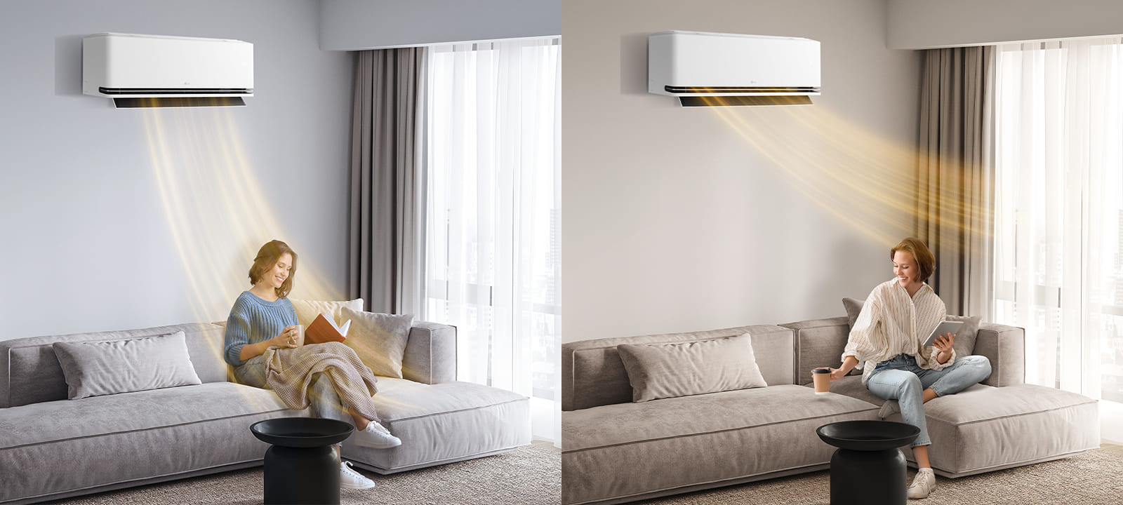 Жена се наслаждава на AI Отопление от климатик LG, осигуряващ персонализиран топъл въздушен поток за комфорт.