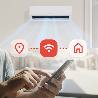 Изображение на климатик, който охлажда стаята преди пристигане, с икони на кола, Wi-Fi и дом и дистанционно управление.
