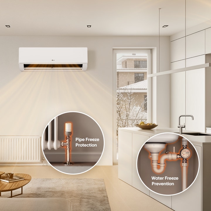 Изображение на слаб въздушен поток от климатик, който предпазва тръбите от замръзване.