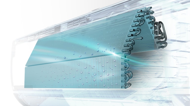 Илюстрация на топлообменник на климатик с Auto Clean+ за подобрен въздушен поток и отстраняване на влагата.