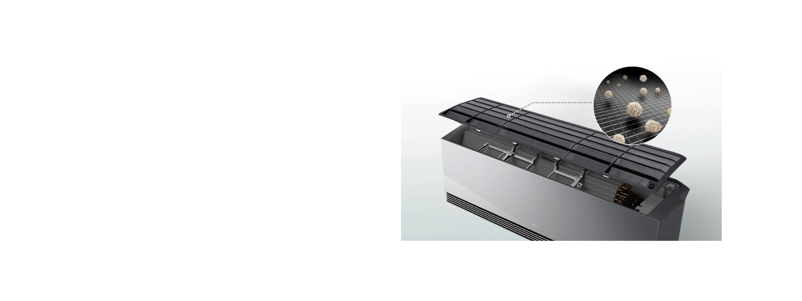 Климатик LG с отворен панел, показващ префилтър, улавящ прахови частици в близък план.