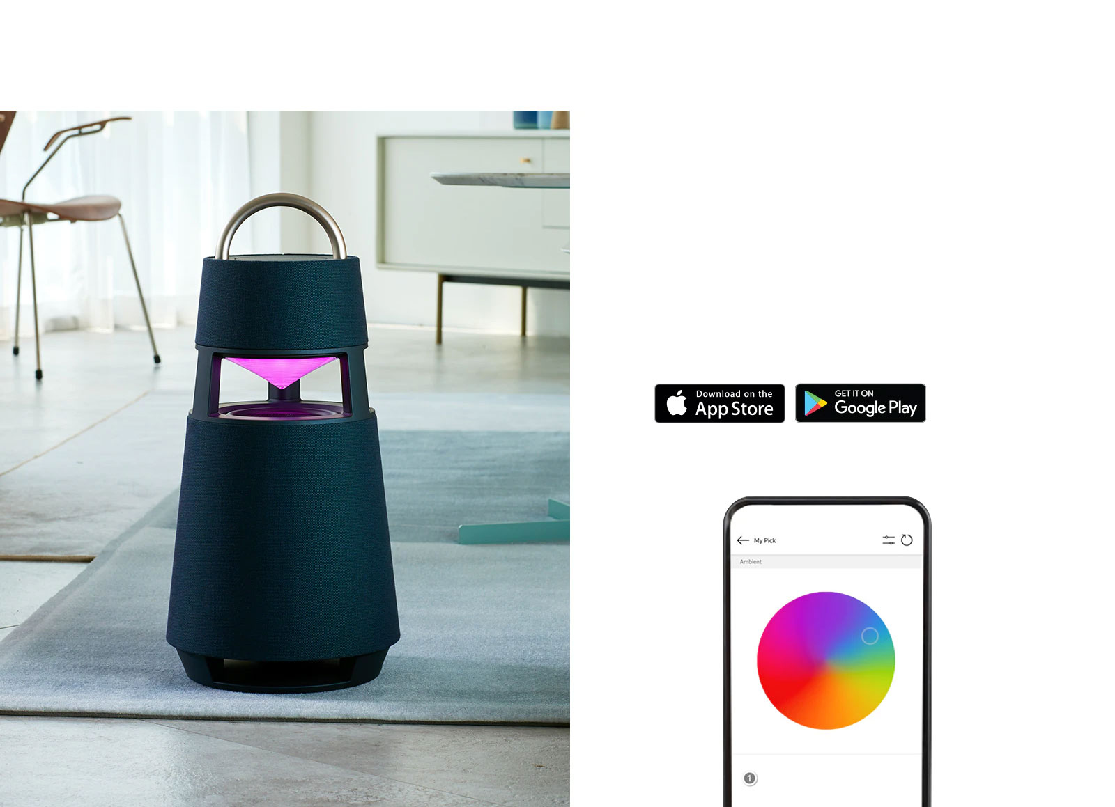 GIF изображение, в което рефлекторът на XBOOM 360, поставен на пода на стаята, се променя в същия цвят в зависимост от движението на цветовете на екрана на мобилния телефон.