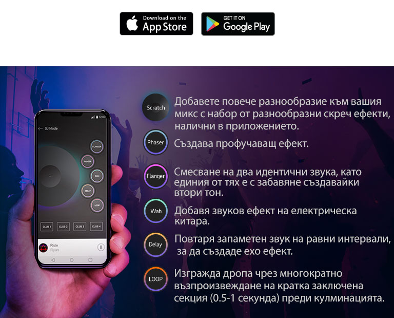 Изображението на ръката, която държи телефона с включен екран на DJ ПРИЛОЖЕНИЕ и изброените функции до него е за да се изрази звука, излизащ от продукта, сякаш е DJ чрез ПРИЛОЖЕНИЕТО на XBOOM .