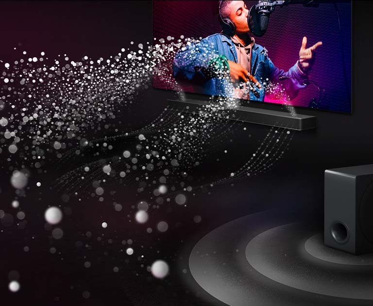 LG саундбар и LG телевизор във всекидневна, като се възпроизвежда музикално изпълнение. Бели ситни капчици, представляващи звукови вълни, се издигат нагоре и напред от саундбара. Субуферът създава звуков ефект отдолу.