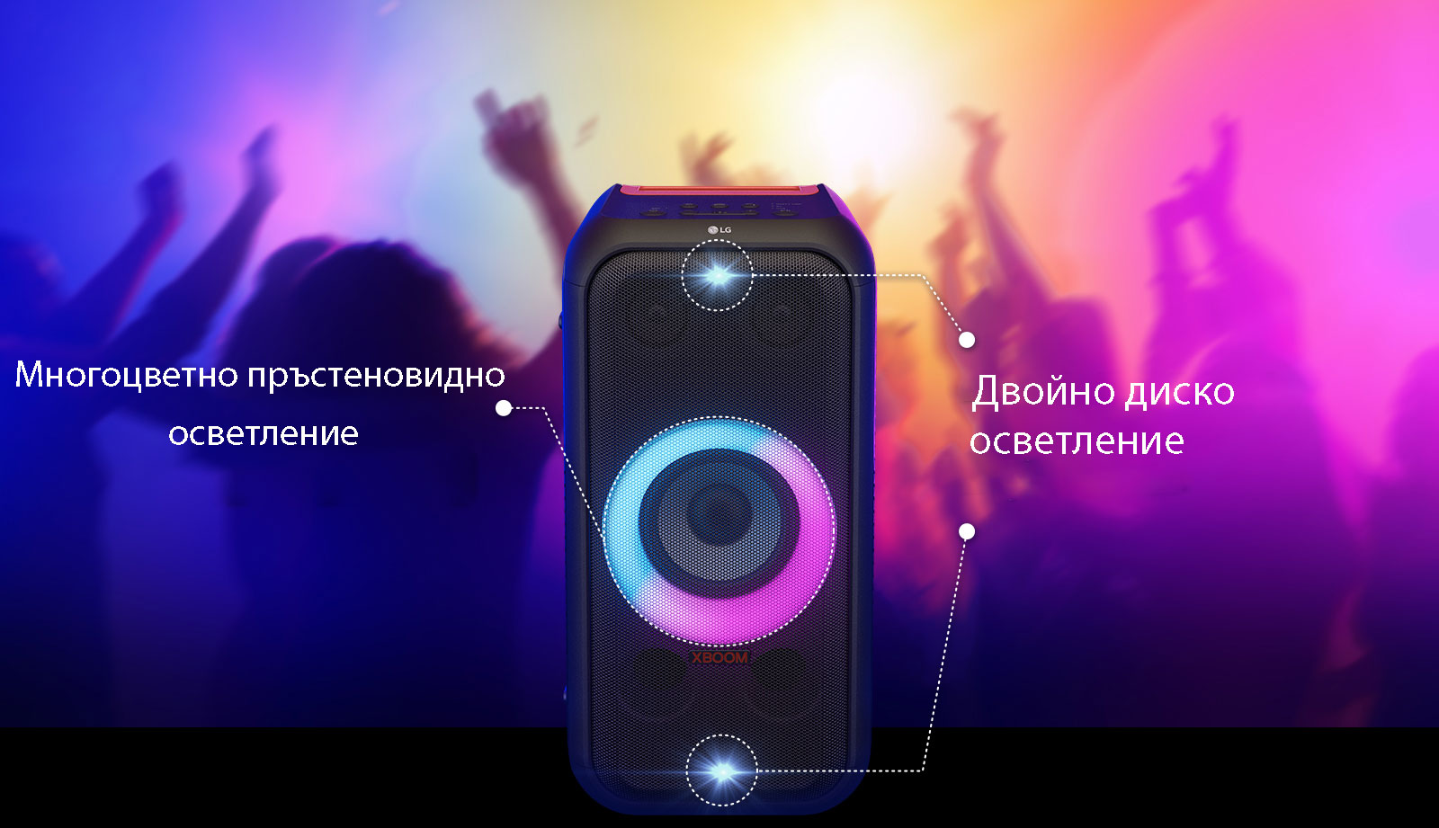 Изглед отпред на високоговорителя. Всяка част от осветлението е свързана с линия. Отгоре и отдолу – двойно диско осветление. В средата е включен многоцветен осветителен пръстен в преливащи се цветове в розово и циан.