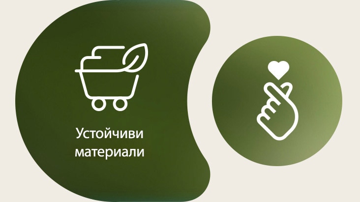 Отляво е показана иконата на устойчивите материали на LG, а отдолу е изписано неговото име. Вдясно е показана иконата на ESG с пръст и сърце.