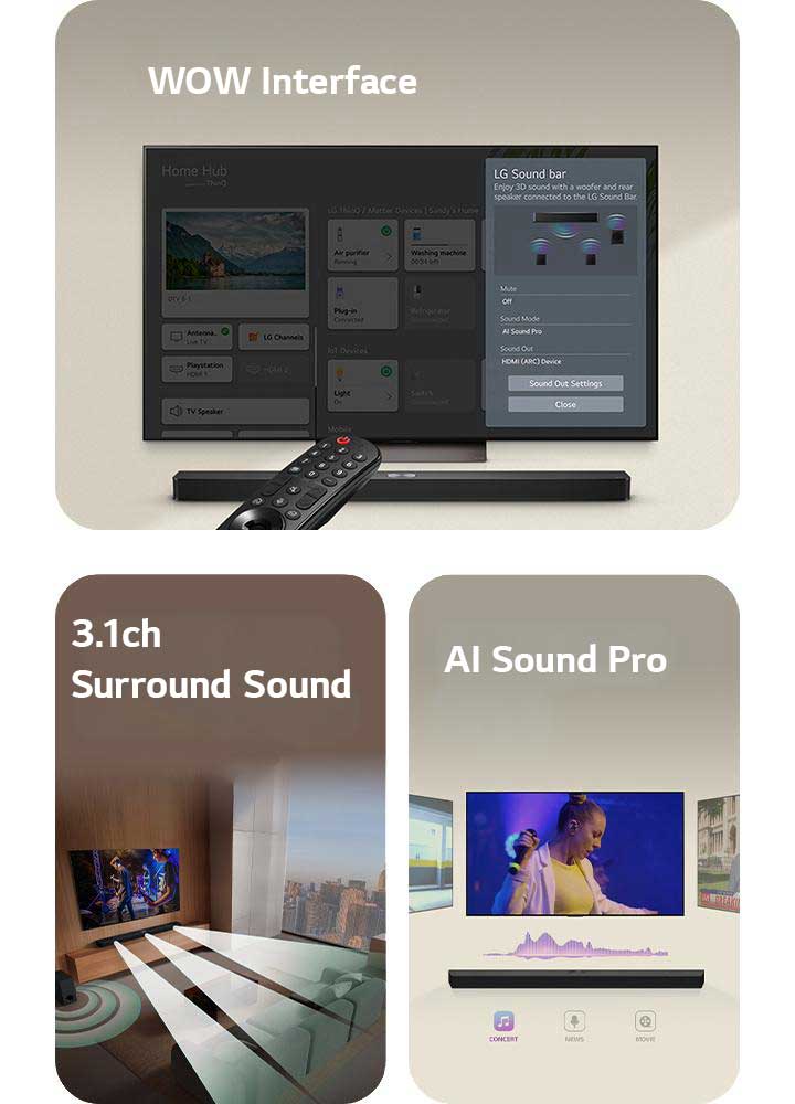Изображение на LG саундбар, дистанционно управление LG и LG телевизор, показващ на екрана WOW Interface.  Картина на LG телевизор и LG саундбар във всекидневна, като се възпроизвежда музикално изпълнение. От саундбара се излъчват бели звукови вълни, съставени от малки капчици, които обикалят около дивана и помещението, за да пресъздадат съраунд звук. През прозореца се вижда силует на град.  Изображение на LG саундбар с три различни телевизионни екрани отгоре. Единият показва филм, другият – концерт, а третият – новинарска емисия. Под саундбара са разположение иконите „Concert“ (Концерт), „News“ (Новини) и „Movie“ (Филми).