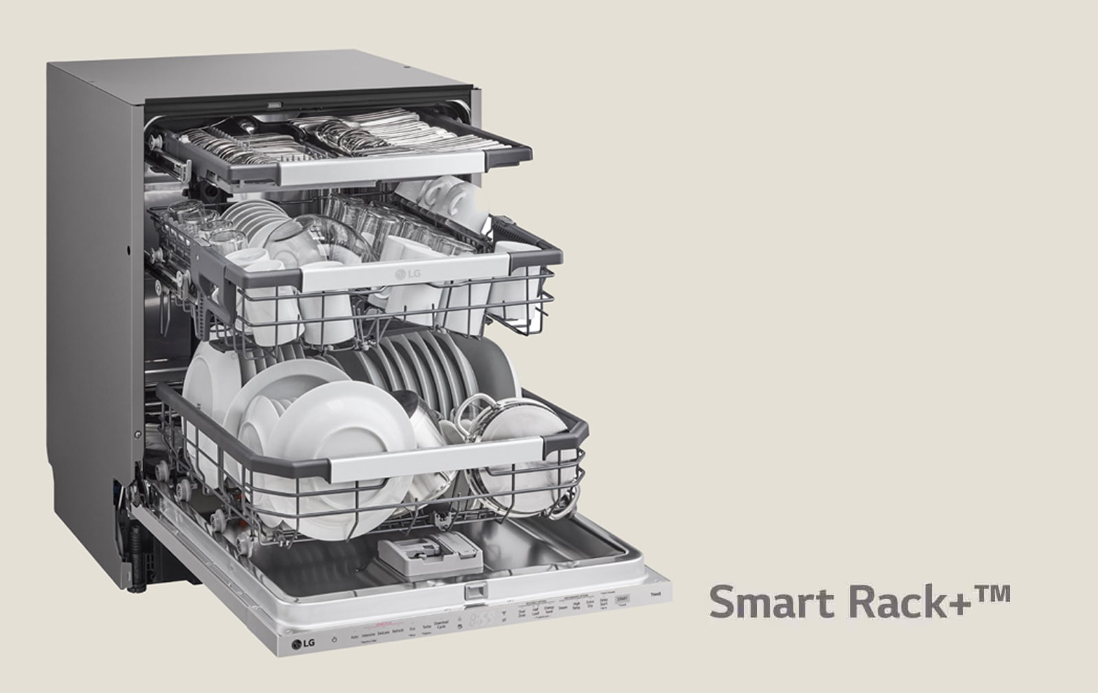 Показва заредена съдомиялна с отворена врата.